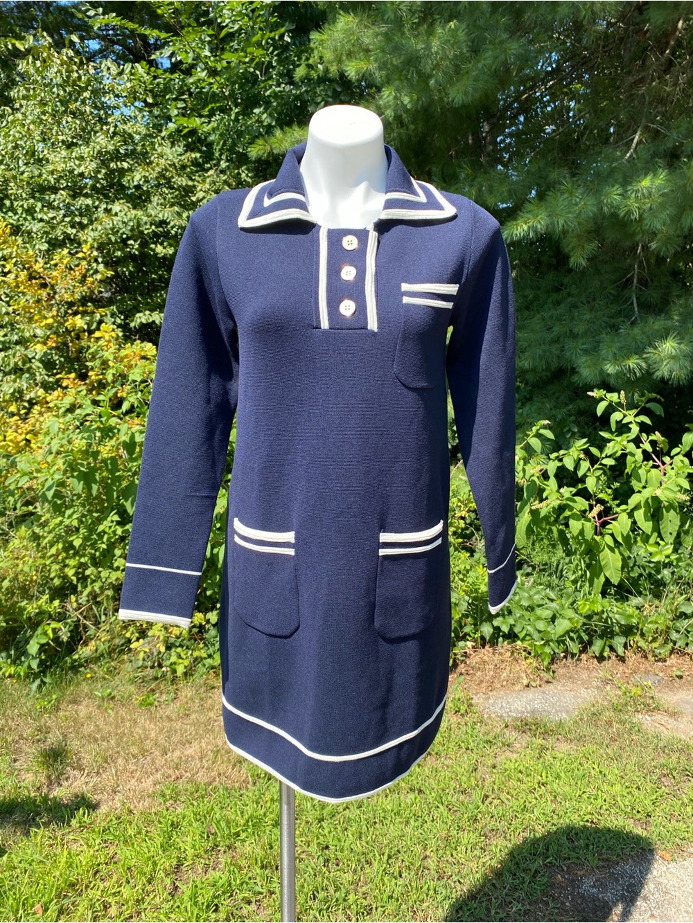 Tuckernuck Eleonora navy blue white trim dress with pockets S